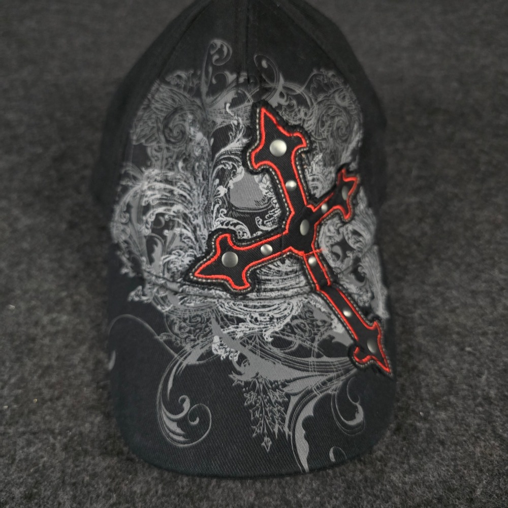 Y2K Explicit Mens Cross Graphic Embroidered Studded Black Hat Gothic Affliction